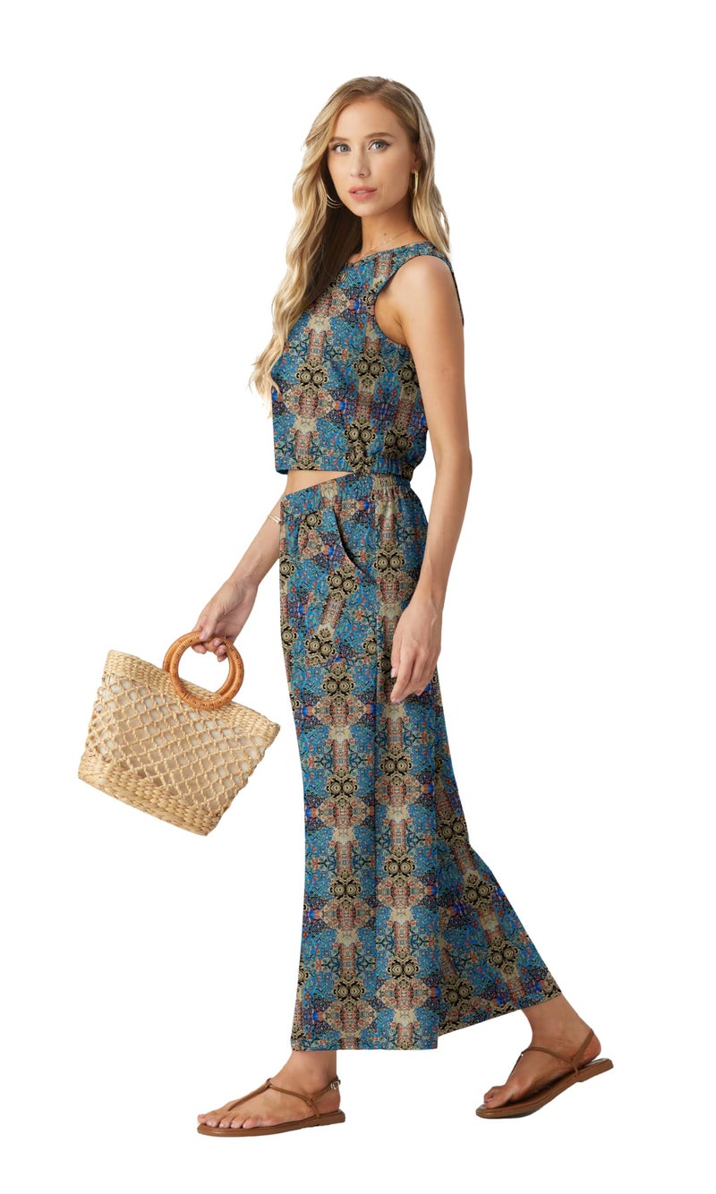 GRECERELLE 2 Piece Lounge Set Women Summer Resort Wear for Women 2026 Sleeveless Crop Top Wide Leg Pants Sweat Set FP-Color Blue Paisley-S - Image 2