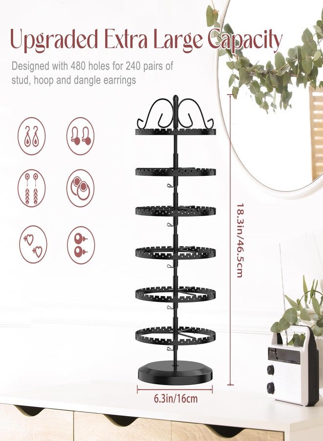 MODOWEY 6 Tier Rotating Earring Holder Organizer Stand, Adjustable Metal Display Tree Rack for Women, 480 Hole and Groove Large Storage for Pierced Stud Dangle Hoop, Compact for Small Dresser, Black - Image 2