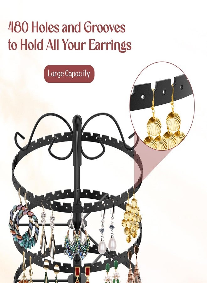 MODOWEY 6 Tier Rotating Earring Holder Organizer Stand, Adjustable Metal Display Tree Rack for Women, 480 Hole and Groove Large Storage for Pierced Stud Dangle Hoop, Compact for Small Dresser, Black - Image 5