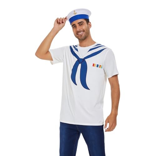 Vegove Funny Men Sailor T-Shirt with Hat, 3D Navy Collar Tee Shirts Set, Halloween Nautical Cruise Yacht Rock Party Themed Outfit (Large) - Image 1