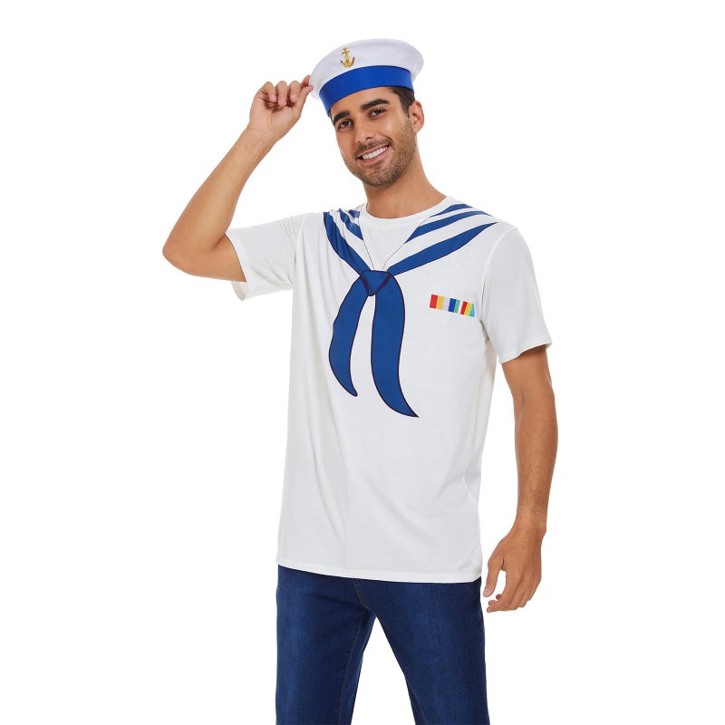 Vegove Funny Men Sailor T-Shirt with Hat, 3D Navy Collar Tee Shirts Set, Halloween Nautical Cruise Yacht Rock Party Themed Outfit (Large) - Image 2