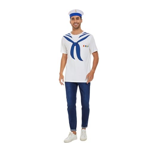 Vegove Funny Men Sailor T-Shirt with Hat, 3D Navy Collar Tee Shirts Set, Halloween Nautical Cruise Yacht Rock Party Themed Outfit (Large) - Image 3