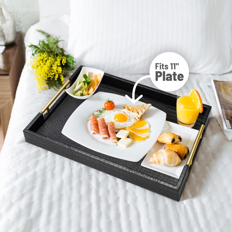ATZYmolin 17" x 12" Wood Serving Tray with Gold Polished Metal Handles, Home Decorative Wooden Rectangle Ottoman Leather Decor Platter Bathroom Vanity Tray for All Occasions Alligator Black - Image 4