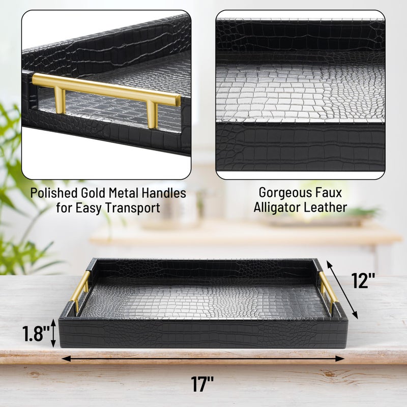 ATZYmolin 17" x 12" Wood Serving Tray with Gold Polished Metal Handles, Home Decorative Wooden Rectangle Ottoman Leather Decor Platter Bathroom Vanity Tray for All Occasions Alligator Black - Image 2