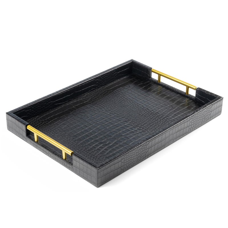 ATZYmolin 17" x 12" Wood Serving Tray with Gold Polished Metal Handles, Home Decorative Wooden Rectangle Ottoman Leather Decor Platter Bathroom Vanity Tray for All Occasions Alligator Black - Image 1