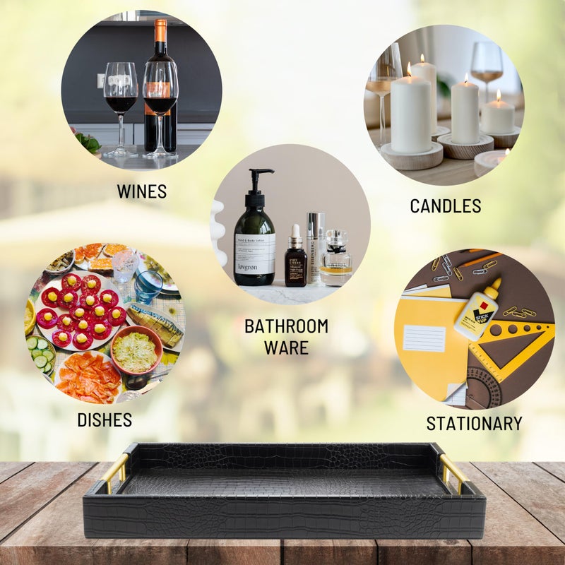 ATZYmolin 17" x 12" Wood Serving Tray with Gold Polished Metal Handles, Home Decorative Wooden Rectangle Ottoman Leather Decor Platter Bathroom Vanity Tray for All Occasions Alligator Black - Image 5