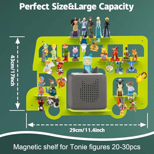 Demao Storage Shelf for Toniebox and Figures, Metal Figure Shelf for Tonies Storage,43x30cm Wall Magnetic Shelves Store Up to 20-30pcs,Metal Display Rack in Children's Room Decoration-Green Bus - Image 2