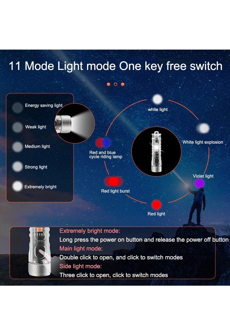 Mini Outdoor Camping Searchlight TYPE-C Rechargeable Mini Portable LED Flashlight Keychain Flashlight 11 Lighting Modes - Image 4