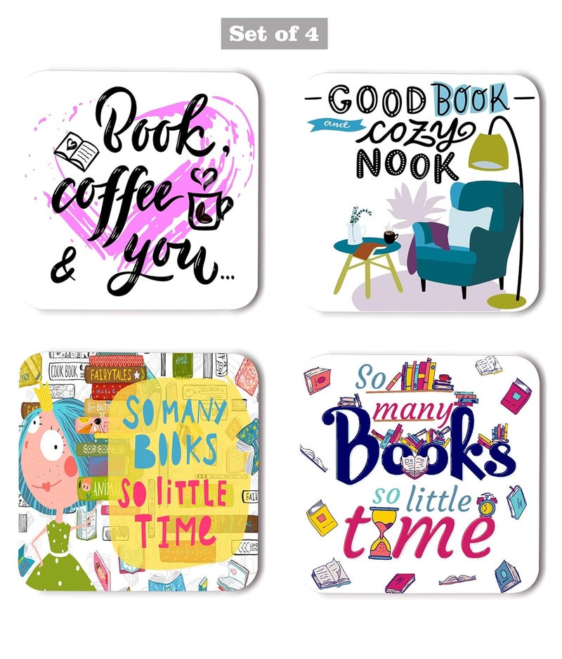 WHATS YOUR KICK Whats Your Kick Book Reading Inspired Printed Coasters with Beautiful Metal StandHolder MDF Wooden Set of 4 35x35 Inch Square for TeaCoffeeMug Reading Study Education Multi 6 