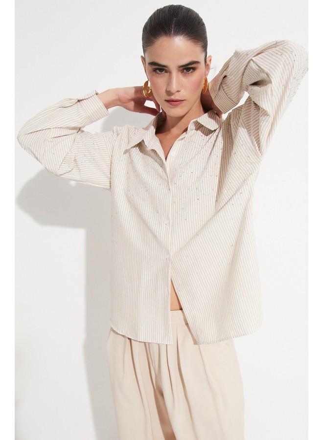 JUNE Women Stone Detailed Woven Shirt Stone - Image 1