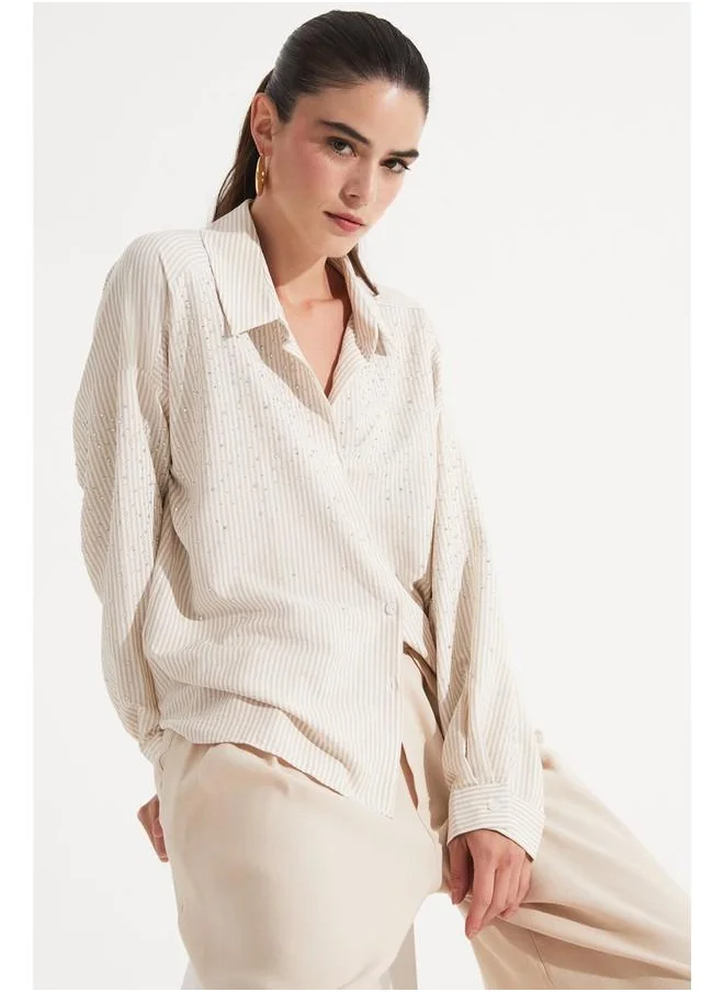 جون June Women Stone Detailed Woven Shirt Stone