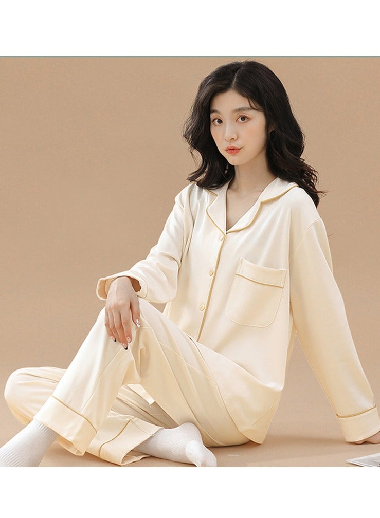 Loquat Women's Skin-Friendly 2-Piece Set Leisure Nightgown Sleepwear Long Sleeve Lapel Top And Pants Soft Loungewear Wear Pajamas Suit Beige  - Image 1