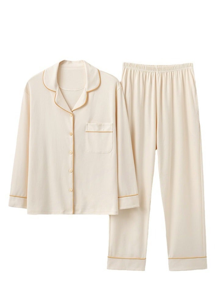 Loquat Women's Skin-Friendly 2-Piece Set Leisure Nightgown Sleepwear Long Sleeve Lapel Top And Pants Soft Loungewear Wear Pajamas Suit Beige  - Image 2