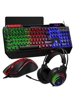 AULA 4 in 1 Gaming Keyboard Mouse Headset and Mousepad Combo, Rainbow LED Backlit Gaming Keyboard Mouse Set, USB Wired Bundle for PC Computer Laptop Gamer  - Image 1