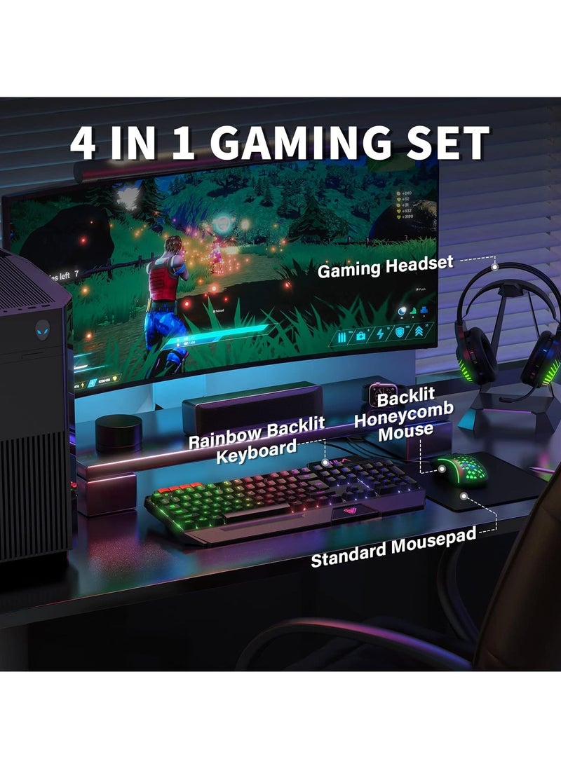 AULA - 4 in 1 Gaming Keyboard Mouse Headset and Mousepad Combo, Rainbow LED Backlit Gaming Keyboard Mouse Set, USB Wired Bundle for PC Computer Laptop Gamer - Image 1