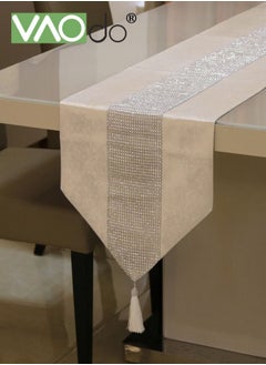 VAOdo Table Runner with Diamante Strip and Tassels Beige 32*210CM  - Image 1