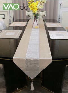 VAOdo Table Runner with Diamante Strip and Tassels Beige 32*210CM  - Image 2