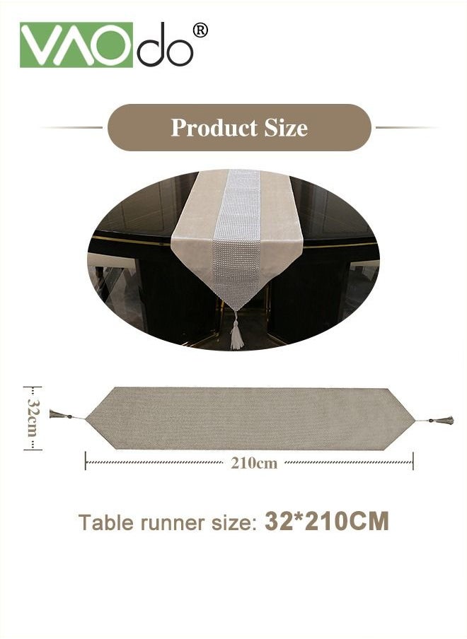 Table Runner with Diamante Strip and Tassels Beige,  Modern Luxury Desktop DecorationTable Clothes, for Birthday Party, Banquets, Graduations, Wedding Hotel 32*210CM