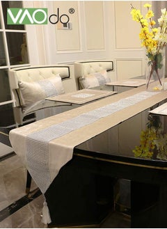 VAOdo Table Runner with Diamante Strip and Tassels Beige 32*210CM  - Image 3