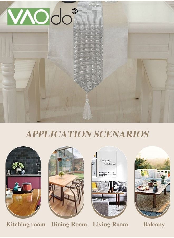Table Runner with Diamante Strip and Tassels Beige,  Modern Luxury Desktop DecorationTable Clothes, for Birthday Party, Banquets, Graduations, Wedding Hotel 32*210CM