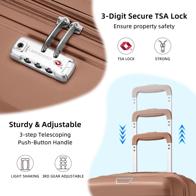 LARVENDER Luggage Sets 3 Piece, Hardside PP Carry On Suitcase with 360Â° Spinner Wheels TSA Lock Luggage Sets for Women, Mocha - Image 2