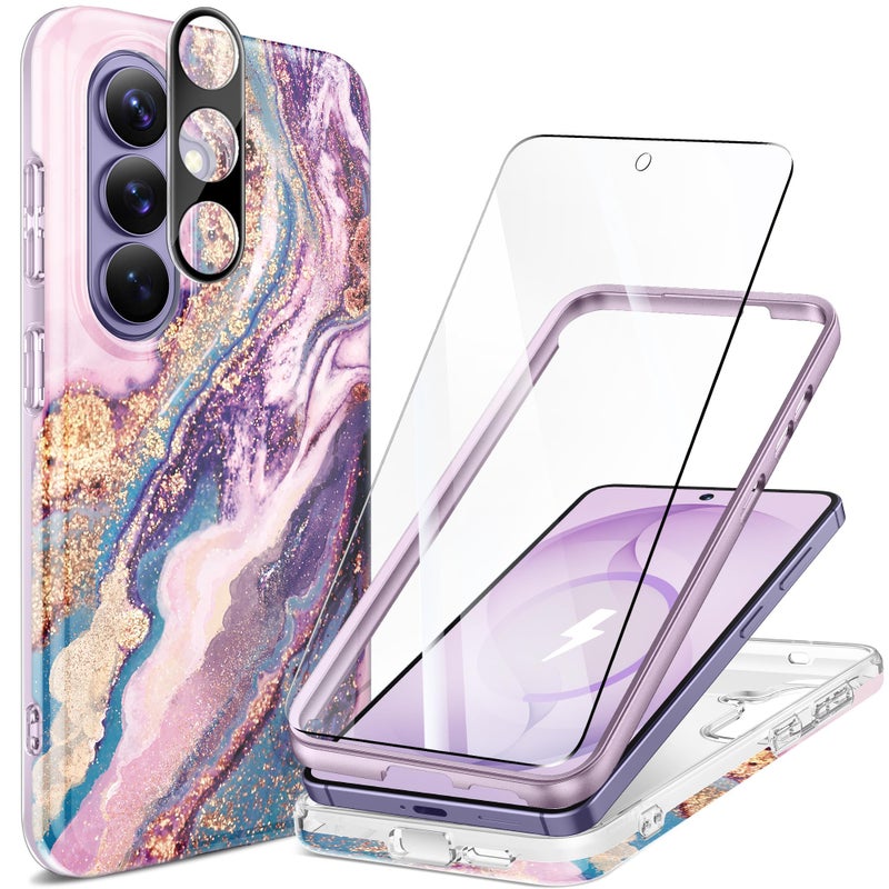 GVIEWIN for Samsung Galaxy S26 Case, [Compatible with MagSafe] [Screen & Camera Lens Cover], Marble Slim Shockproof Military-Grade Protection Women Phone Case for S26 6.3" (Dreamland River/Purple) - Image 1