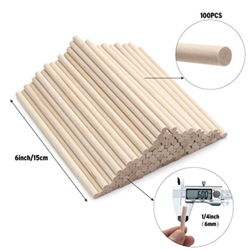 Wood Dowels Wooden Dowel Rods, 100PCS 1/4 x 6 Round Wooden Sticks for Arts and Crafts, Small Unfinished Hardwood Sticks for DIYers Crafting, Cake Support, Lollipop, Photo Booth Props, Home Decor - Image 2