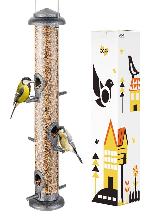 iBorn Metal Bird Feeder Hanging Wild Bird Seed Feeder for Mix Seed Blends Heavy Duty All Metal Silver Finish,15 Inch 6 Port(Seed is not Included),Gift Box - Image 1