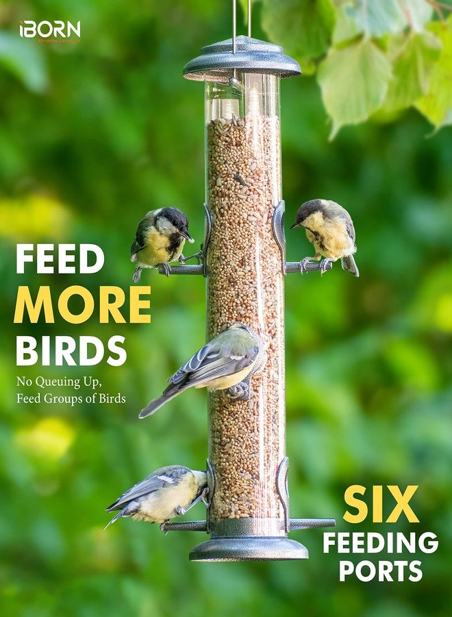 iBorn Metal Bird Feeder Hanging Wild Bird Seed Feeder for Mix Seed Blends Heavy Duty All Metal Silver Finish,15 Inch 6 Port(Seed is not Included),Gift Box - Image 3