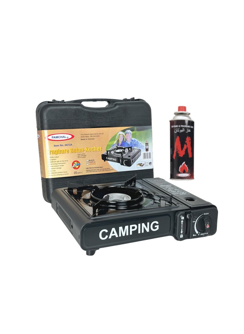 PAMCHAL Camping Stove with Box and 1-Pieces Butane Gas Cartridge Black 