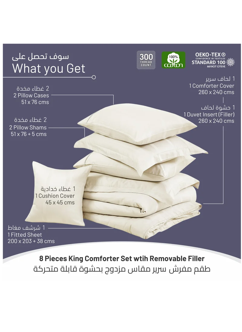 Donetella Cotton Bedding Comforter 8-Pcs King Size Hotel Style Stripe Pattern Removable Comforter Set With Down Alternative Filling, Ivory