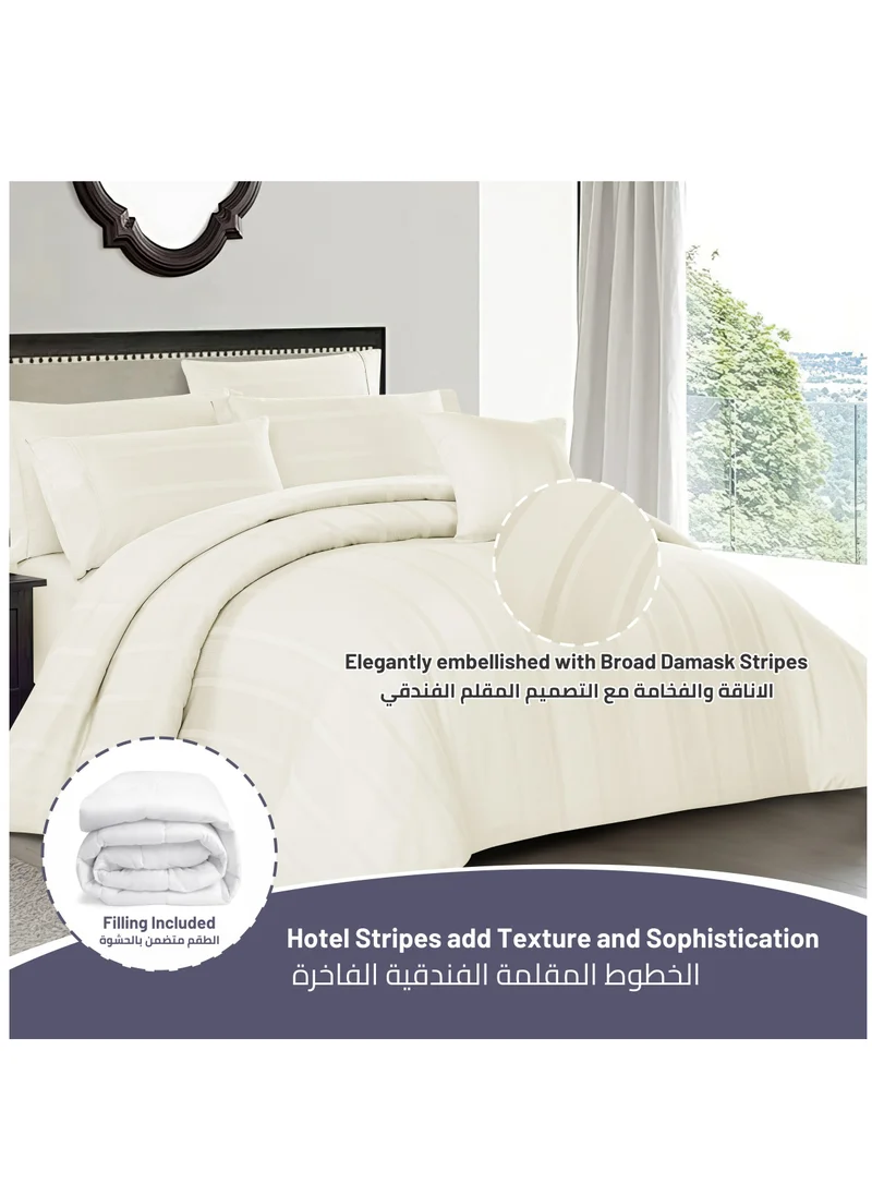 Donetella Cotton Bedding Comforter 8-Pcs King Size Hotel Style Stripe Pattern Removable Comforter Set With Down Alternative Filling, Ivory