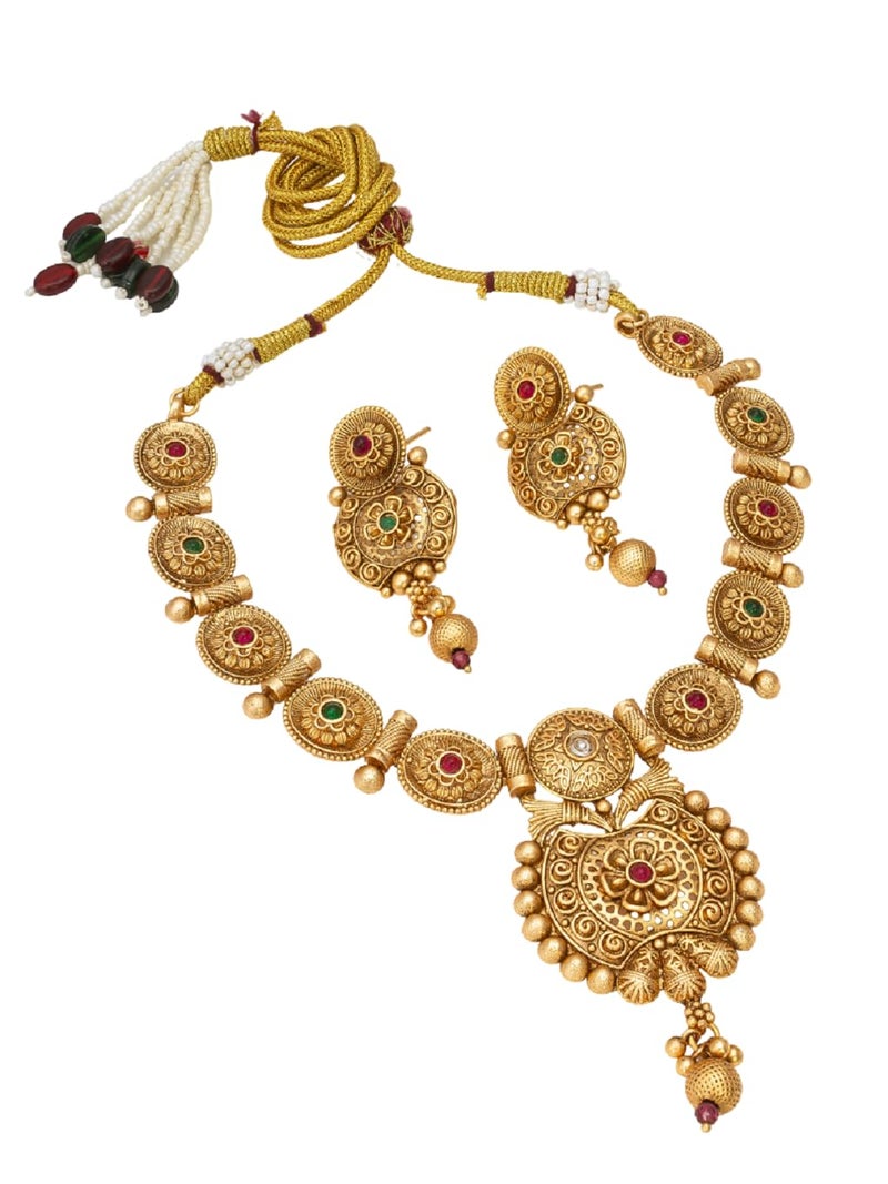 BEVOGUE Traditional Temple Jewellery Set for Women | Brass Gold Plated Necklace with Earrings | Stylish Antique Design | Ideal Wedding & Festive Gift (NK4391) - Image 1