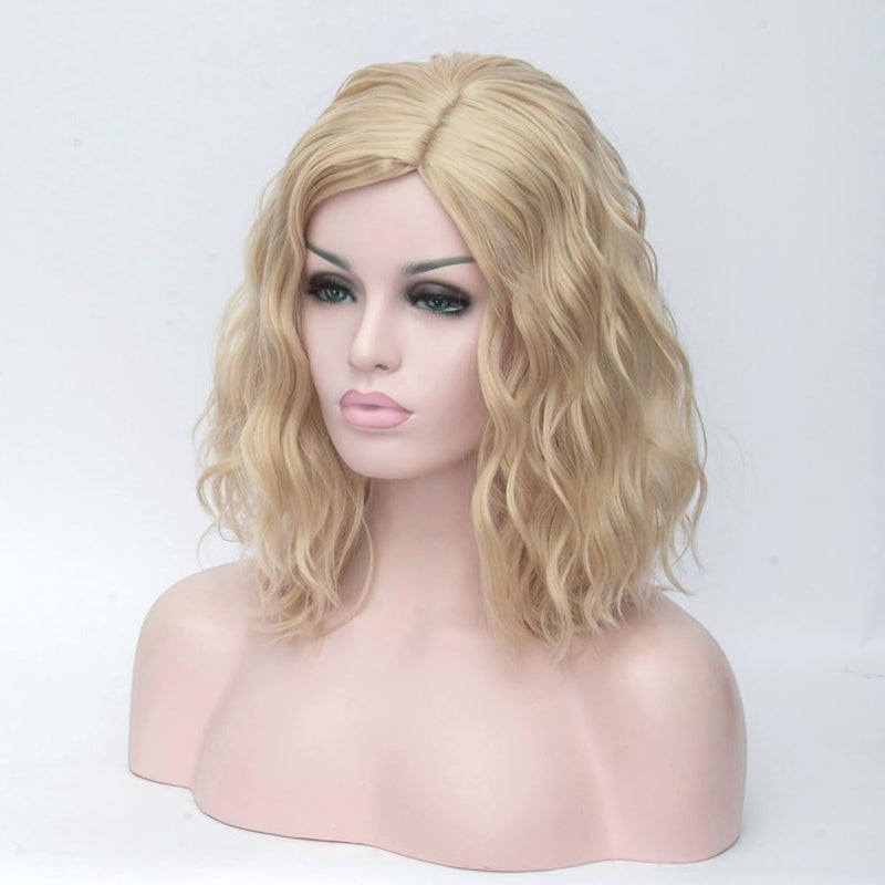 BERON 14" Women Girls Short Curly Bob Wavy Wig Body Wave Halloween Cosplay Daily Party Wigs (Blonde) - Image 3