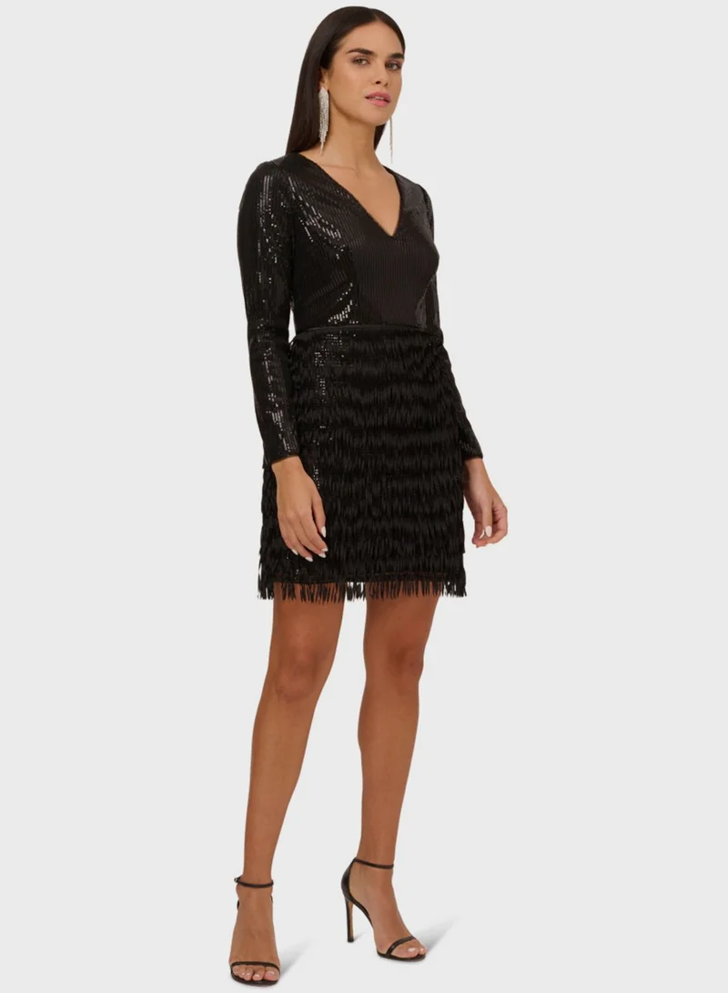 AIDAN MATTOX Sequin Fringe Dress