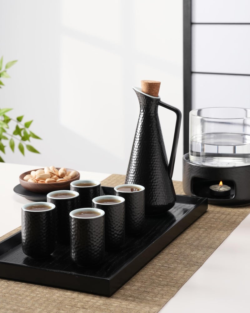 ZENS Sake Set with Warmer, 12 Ounce Embossed Ceramic Sake Bottle 6 Sake Cups and Glass Pot for Hot or Cold Japanese Sake, Black Sake Carafe Gift Sets with Cotton Towel - Image 3