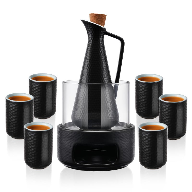 ZENS Sake Set with Warmer, 12 Ounce Embossed Ceramic Sake Bottle 6 Sake Cups and Glass Pot for Hot or Cold Japanese Sake, Black Sake Carafe Gift Sets with Cotton Towel - Image 1
