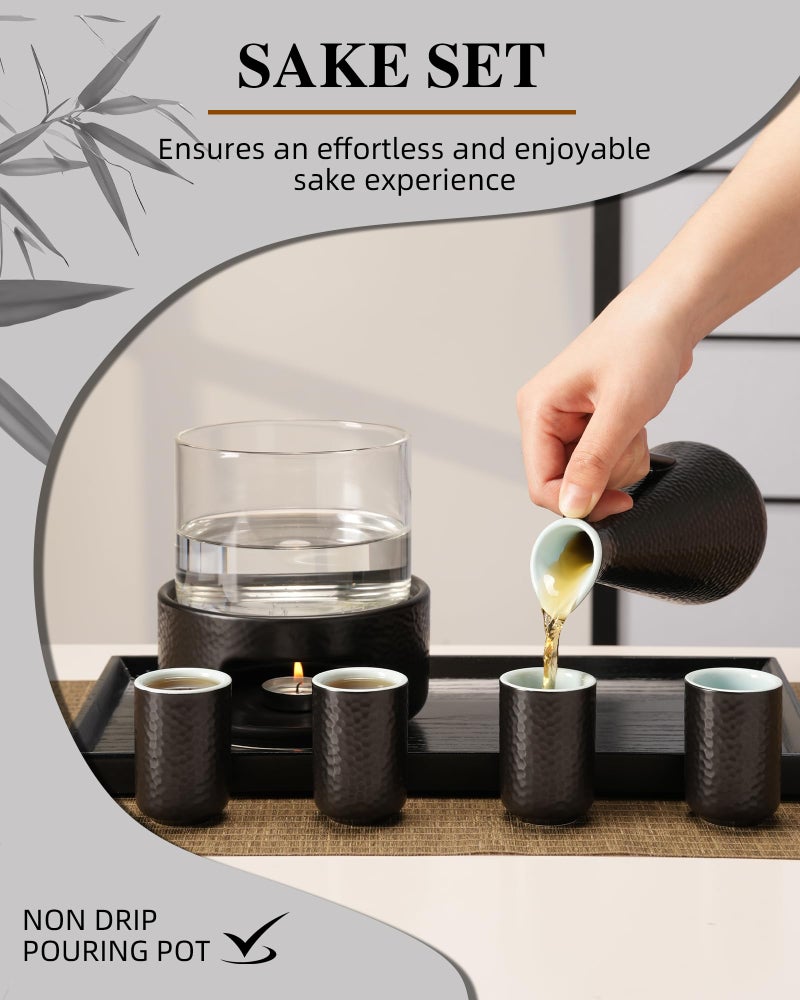 ZENS Sake Set with Warmer, 12 Ounce Embossed Ceramic Sake Bottle 6 Sake Cups and Glass Pot for Hot or Cold Japanese Sake, Black Sake Carafe Gift Sets with Cotton Towel - Image 5