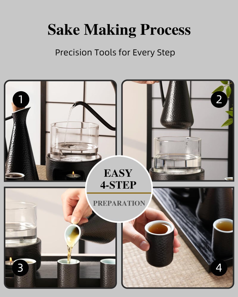 ZENS Sake Set with Warmer, 12 Ounce Embossed Ceramic Sake Bottle 6 Sake Cups and Glass Pot for Hot or Cold Japanese Sake, Black Sake Carafe Gift Sets with Cotton Towel - Image 4