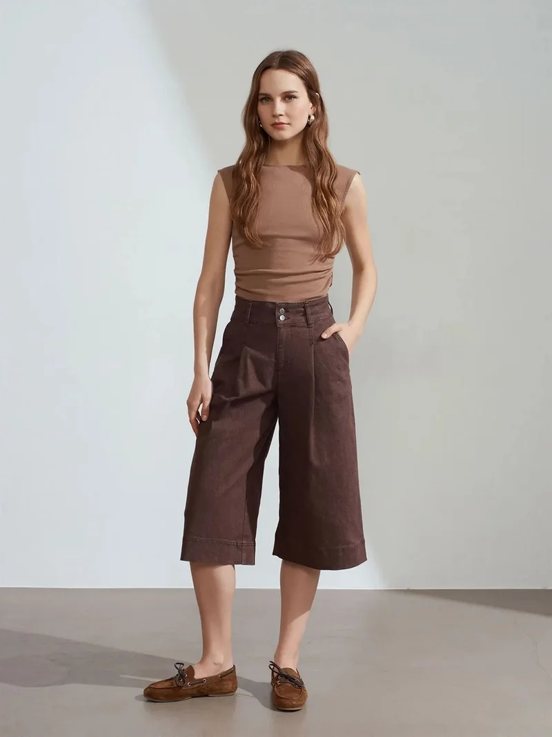 ديلفين Dilvin Mid-Waist Wide-Leg Denim Shorts