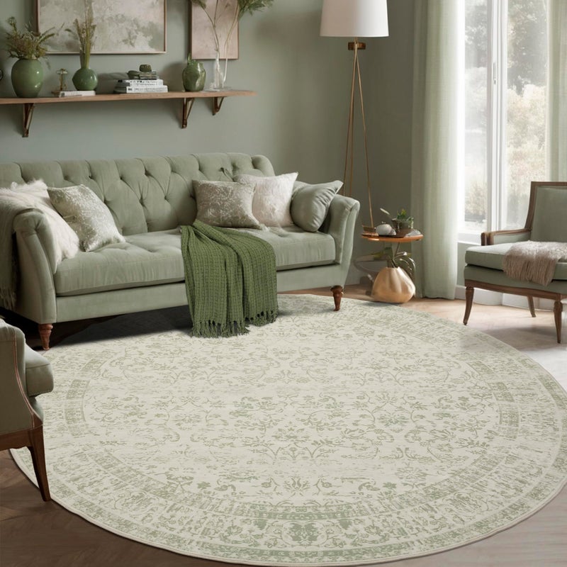 BILEEHOME Kitchen Living Room Bedroom Dining Room Vintage Rug Indoor Floor Cover Floral Print Blush Sage Green Circle Rug 4' Round - Image 1