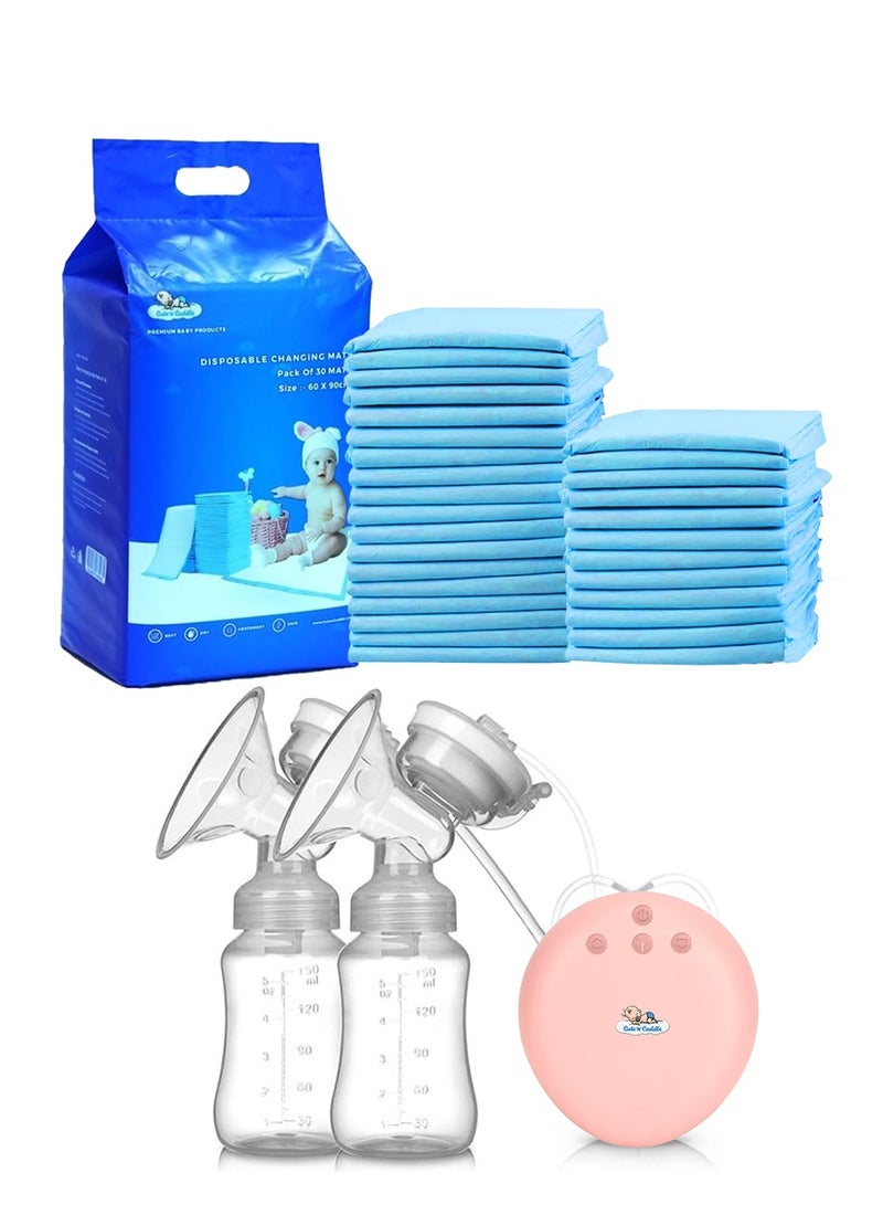 لطف وحضن فوط تغيير الحفاضات القابلة للاستخدام مرة واحدة من Cute 'n' Cuddle – عبوة 180 قطعة باللون الأزرق | مضخة ثدي كهربائية مزدوجة بدون استخدام اليدين – قابلة للارتداء، هادئة ومحمولة مع صندوق تخزين - Image 1