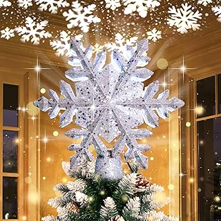OurWarm Christmas Tree Topper Lighted with LED Rotating Silver Snowflake Decorations Projector Silver Snow Tree Topper - Image 1