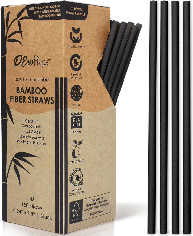 EcoPreps Black Biodegradable Bamboo Fiber Straws - 150 Count, 100% Compostable, Plastic-Free, Eco-Friendly Drinking Straw - 7.8'' Plant Fiber Disposable Straws, Compostable Black Straw For Cocktails - Image 1