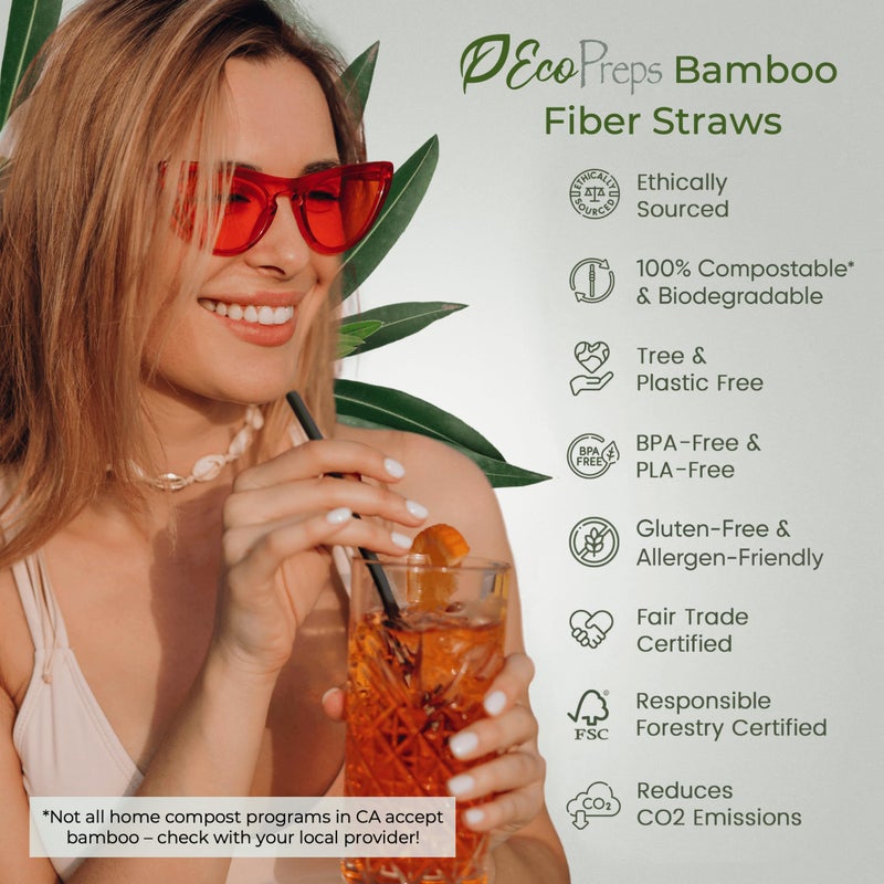 EcoPreps Black Biodegradable Bamboo Fiber Straws - 150 Count, 100% Compostable, Plastic-Free, Eco-Friendly Drinking Straw - 7.8'' Plant Fiber Disposable Straws, Compostable Black Straw For Cocktails - Image 2