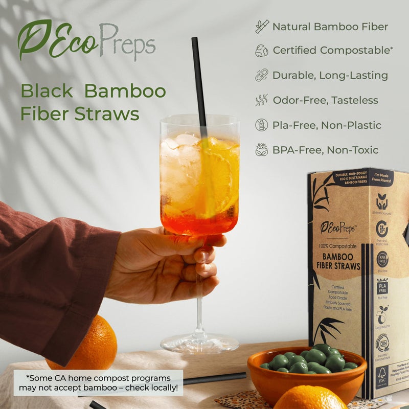 EcoPreps Black Biodegradable Bamboo Fiber Straws - 150 Count, 100% Compostable, Plastic-Free, Eco-Friendly Drinking Straw - 7.8'' Plant Fiber Disposable Straws, Compostable Black Straw For Cocktails - Image 5