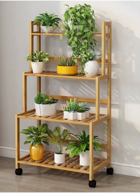 4-Layer Bamboo Plant Stand with Wheels,Indoor Outdoor Rolling Display Stand Plant Shelf,Corner Plant Holder for Flower Pot Display Rack for Living Room, Balcony, Patio, Garden