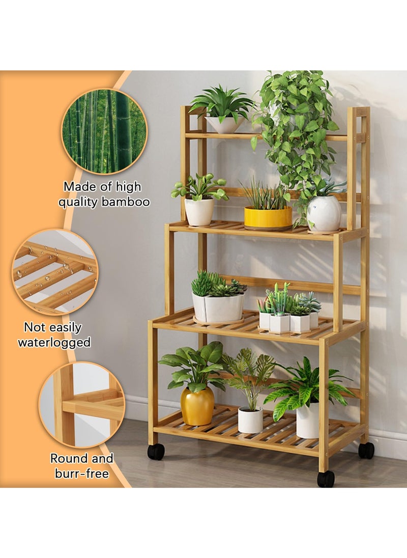 XiuWoo - 4-Layer Bamboo Plant Stand with Wheels,Indoor Outdoor Rolling Display Stand Plant Shelf,Corner Plant Holder for Flower Pot Display Rack for Living Room, Balcony, Patio, Garden - Image 1