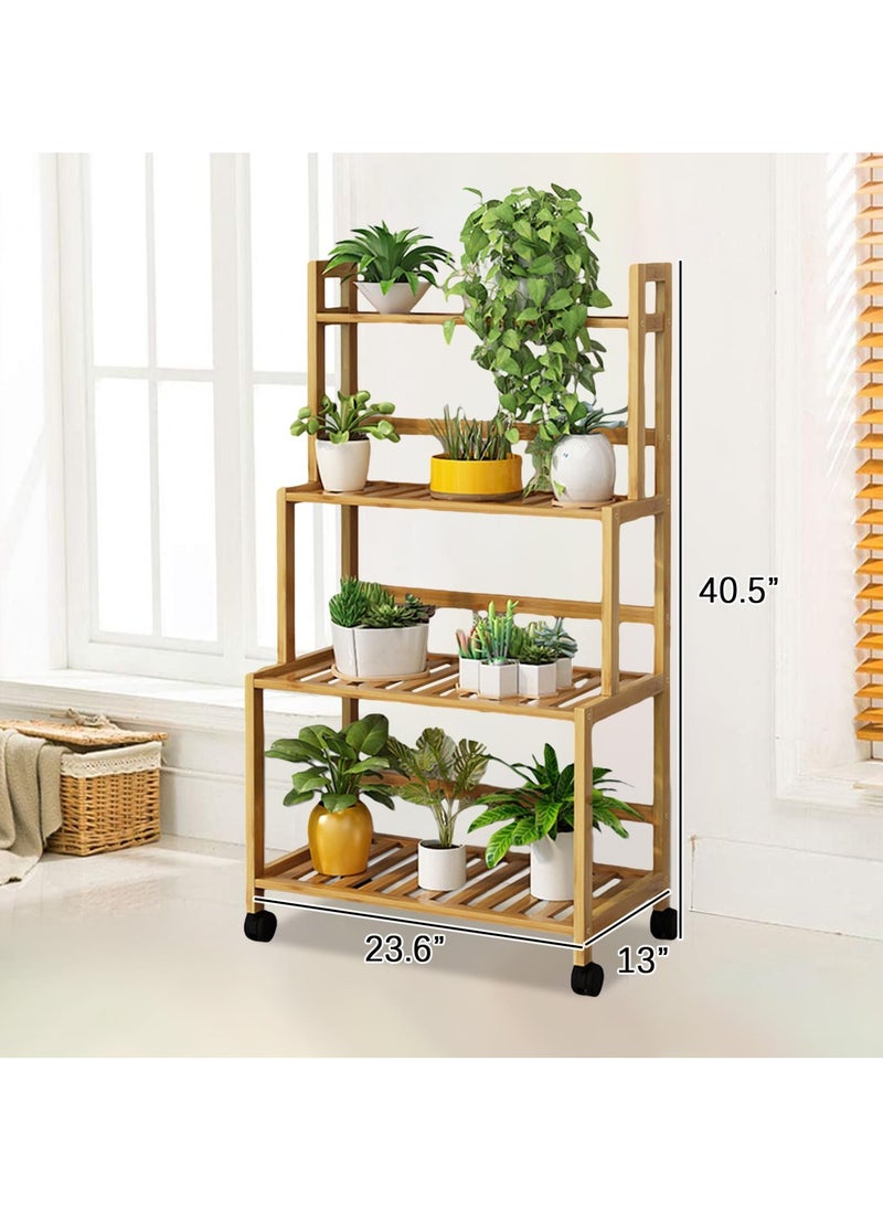 XiuWoo - 4-Layer Bamboo Plant Stand with Wheels,Indoor Outdoor Rolling Display Stand Plant Shelf,Corner Plant Holder for Flower Pot Display Rack for Living Room, Balcony, Patio, Garden - Image 1