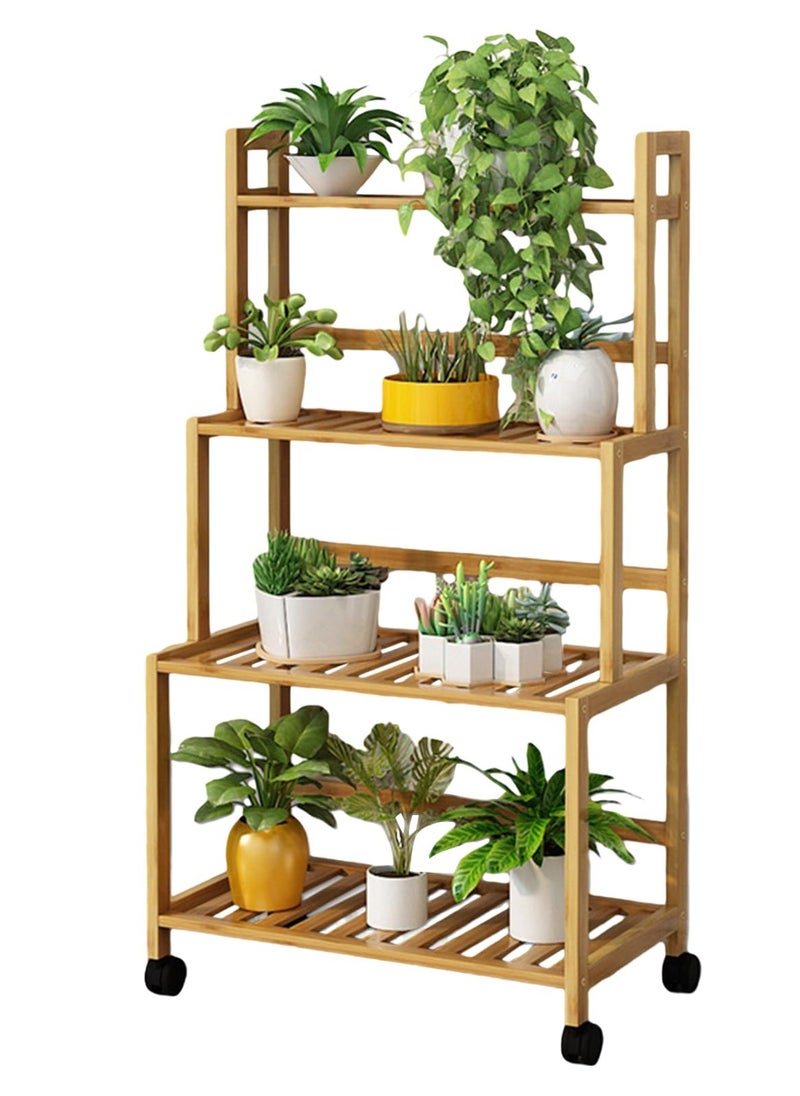 XiuWoo - 4-Layer Bamboo Plant Stand with Wheels,Indoor Outdoor Rolling Display Stand Plant Shelf,Corner Plant Holder for Flower Pot Display Rack for Living Room, Balcony, Patio, Garden - Image 1